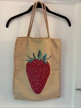 Vintage Chloe Strawberry Sequin Canvas Tote Bag - Beige with Red Strawberry
